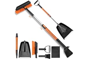 Yiomxhi Skrobak do lodu 4 w 1 z łopatką do śniegu, szczotką i ściągaczką do szkła, skrobakiem do śniegu Wysuwany skrobak z antypoślizgowym uchwytem do samochodu, SUV-a i ciężarówki, pomarańczowy