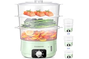 Cozeemax 13.7QT Electric Food Steamer for Cooking, 3 Tier Vegetable Steamer for Fast Simultaneous Cooking, 60 Minute Timer, BPA Free Baskets, 800W (Green)