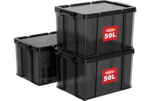 Cetomo 50L*3 Heavy-Duty Storage Boxes, Plastic Stackable Storage Box with Lids, Storage Bins with Reinforced Corners, Vertical Sides and Clip Closure, Durable, Sturdy, Transparent Black, 50L-3Pack