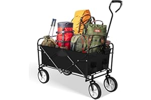 YSSOA Folding Garden Cart PRO, Collapsible Camping Wagon with 360 Degree Swivel Wheels & Adjustable Handle,100kg Weight Capacity,Black