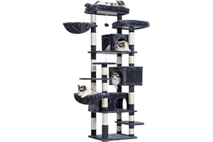 Hey-brother Arbre à Chat XXL, Arbre pour Chats Multi-Niveaux de 188 cm de Haut, équipé de 2 Grandes Plateformes, 3 Trous, 2 Paniers, des Colonnes de Sisal pour Griffer, Gris fumé 0EMPJ035-MG