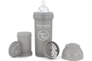 Twistshake Anti-Colic Baby Bottle with Milk Powder Container and Mixer - 260ml | Medium Flow Silicone Breast-Like Nipple | BPA- Free Baby Milk Bottle | Suitable for 2+ Month Babies | Grey