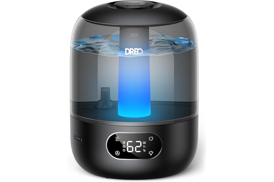 Dreo Humidifier for Bedroom with Sensor, 26dB Quiet Cool Mist Ultrasonic Humidifiers for Home, 360° Nozzle, 30H Runtime, Ambient Light Indicator, Essential Oil Diffuser, Room, Plants, Nursery, Black