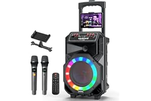 HUABAO Karaoke-Maschine mit 2 drahtlosen Mikrofonen, rollenden Rädern und Trolley - 8800mAh tragbarer Bluetooth-Lautsprecher, PA-System mit Lichtern, einstellbarem Bass/Treble/Echo für Partys, drinnen