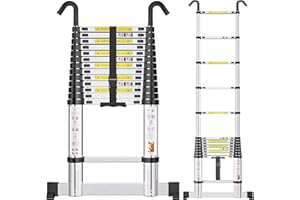 SIMPDIY 4,1M Teleskopleiter, Aluleiter ausziehbar mit Stabilisator, Leiter Ausziehbar mit Haken, 14 Sprossen, für Hause, Wohnmobil und Freien, Tragkraft 150 kg