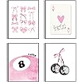Coquette Pink Aesthetic Wall Art Set of 4 – Preppy Room Decor for Girls, Cute Bow, Disco Ball, Cherry Posters – Trendy Dorm &
