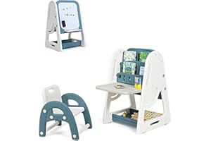 COSTWAY 2 en 1 Bureau Enfants avec Hauteur Réglable, Tableau Enfants Double Face en HDPE avec Tabouret & Etagère de Rangement, Chevalet Magnétique pour Enfants de 3 Ans+(Bleu.)