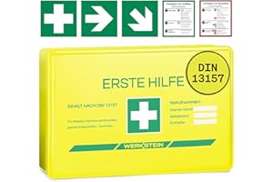 ‎WERKSTEIN WERKSTEIN® Erste Hilfe Verbandskasten Gelb inkl. Wandhalterung [DIN 13157:2021] - Erste Hilfe Kasten für Betriebe, Zuhause & Einrichtungen - Erste Hilfe Koffer - First Aid Emergency Bag