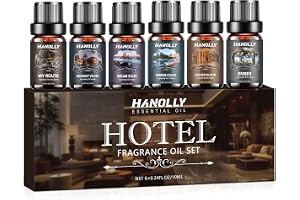 HANOLLY Eteriska Oljor HOTELL för Diffusor 6 x 10ML | Set med Eteriska Oljor Naturliga för Aromaterapi, Tvål, Ljus, Spa - Min Rutt, Midnattssammet, Drömtillstånd, Fridfull Kust