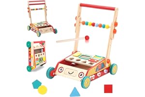 MAYCOLY Carrellino Primi Passi Legno, Girello di Legno per Bambini e Centro Attività Montessori, Giochi Interattivi, Supporta Capacità Motorie e Sviluppo, Girello Bambino per Bambini 12-36 Mesi