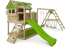 FATMOOSE Parque Infantil de Madera TikaTaka con Columpio SurfSwing y tobogán Manzana Verde, Casa sobre pilares de Exterior con arenero y Escalera para niños