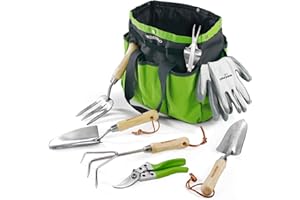 WORKPRO 8-Piece Garden Tools Set, Stainless Steel Hand Tools with Wooden Handle, Including Gloves, Trowel, Weeder, Hand fork, Hand Rake, Transplanter, Pruner and Garden Tote