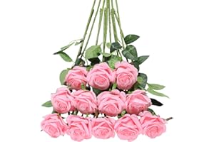 Tifuly Lot de 12 Roses Artificielles, Deco Fausses Fleurs en Soie avec Tige Simple de 19,68 pouces, Fleur Réaliste pour Fête Jardin en Famille Hôtel Décoration de Mariage, Décor Floral (Rose Clair)