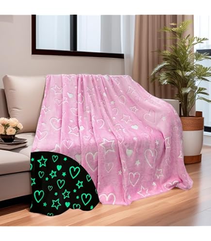 Deken voor kinderen voor meisjes en jongens, 200 x 150 cm, Deck Glow in The Dark, zacht wollig, babydeken, bankdeken, behaaglijke, warme cadeaudeken voor Kerstmis, verjaardag, Pasen, harten roze
