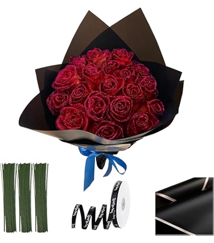 Lot De 20 Bouquets De Roses à Paillettes Brillantes De 24,1 Cm Avec Tige, Rubans D'emballage Et Papier Cadeau Pour Anniversaire, Fiançailles, Mariage, Bleu