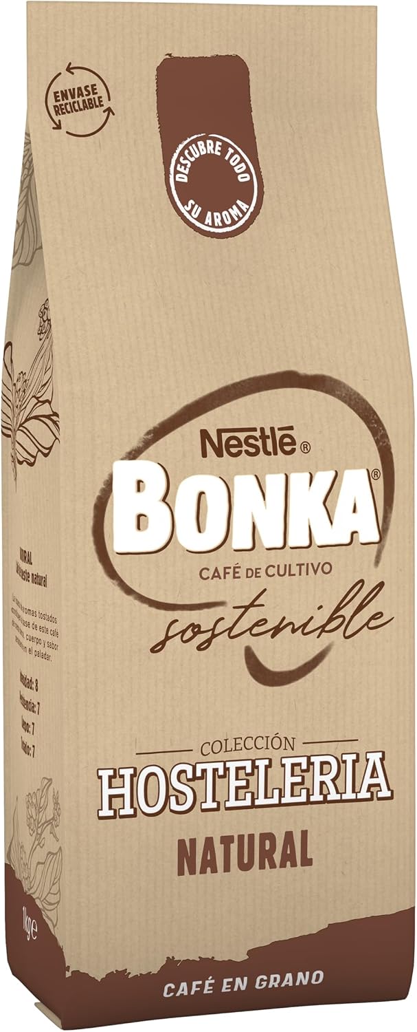 Bonka cafe en grano tostado natural para hostelería, Ideal para maquina de cafe Espresso - 1 paquete x 1 kg