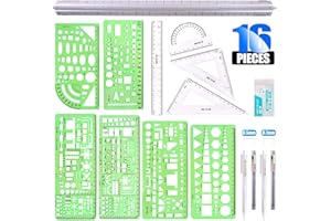 Glarks 16 Pieces Measuring Templates Building Formwork Stencils Geometric Drawing Rulers and Triangular Architect Scale ruler with Pencil, Pencil Lead Refills, Eraser for Office and School
