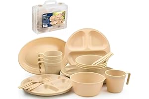 EVOKK 24pcs Premium Camping Dinner Set for 4, Lightweight Reusable Picnic Set for Outdoor Parties Plates with Bowls,Unbreakable Cups & Spoons Dinnerware for 4