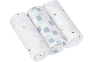 LÄSSIG Kocyk dla niemowląt, koc do plucia, chusta muślinowa, zestaw 3 sztuk, bawełna, 85 x 85 cm, koc Swaddle & Burp Blanket L Happy Fruits Blue