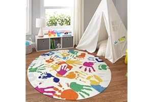 STARUIA Colorful Round Rug for Kids Bedroom, 4'x4' Handprints and Footprints Circle Rug for Playroom, Rainbow Washable Rug for Nursery, Small Circular Carpet for Classroom Dorm Daycare