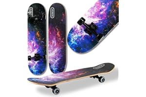 WeLLIFE Monopatín completo para principiantes – Serie RGX de madera de 80 x 20 cm, 9 capas de arce cóncavo Double Kick, rodamientos ABEC-7, dibujo sobre Grip Tape – Apto para niños, jóvenes y adultos