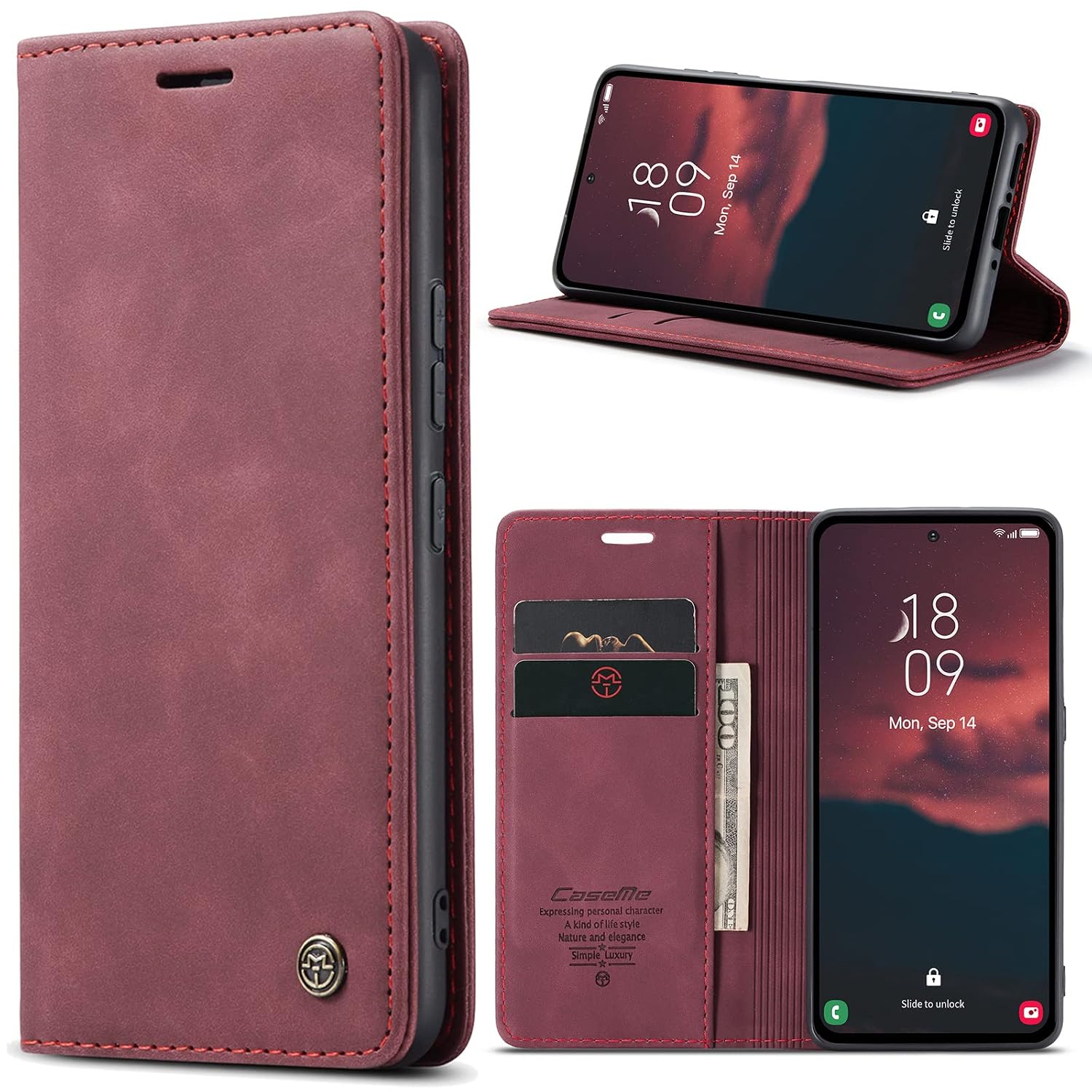Azororo Beschermhoes voor Samsung Galaxy A54 5G, premium lederen beschermhoes, portefeuille, flip case, magneetsluiting, beschermhoes voor Samsung Galaxy A54, wijnrood
