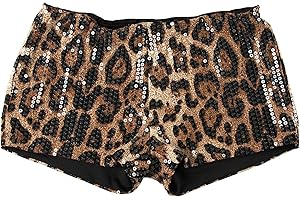 Generisch Pailletten Hose Kurz Damen Leoprint Hotpants Sexy Low Waist Shorts Elastische Taille Pailettenhose Kurze Sommerhose Glitzer Glänzend Shorts Tanz Rave Party Outfits Karneval Kostüm 2025