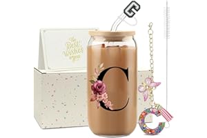 ZIOSINM ZIOISNM A-Z Lettre Verre avec Paille 500 ml Verre Matcha avec Couvercle Cadeau Femme Idéal Cadeau Femme Anniversaire Noël ou Saint-Valentin pour Épouse Mère ou Couple (C)