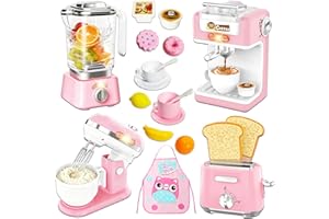HILKKET Kinderküche Zubehör Set - Inkl. Kinder Kaffeemaschine mit Sound & Lichtern, Mixer, Entsafter, Toaster, Obst, Geschirr und Schürze, Spielküche Zubehör Kinder