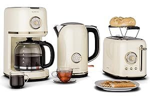 Klarstein Victoria Set Petit-Déjeuner Complet – Grille-Pain 2 Fentes 7 Niveaux, Bouilloire Électrique 1,7L, Cafetière Filtre 12 Tasses, Design Rétro, Support à Petits Pains, Cream