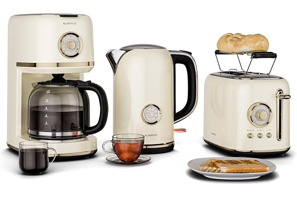 Klarstein Victoria Set Petit-Déjeuner Complet – Grille-Pain 2 Fentes 7 Niveaux, Bouilloire Électrique 1,7L, Cafetière Filtre 12 Tasses, Design Rétro, Support à Petits Pains, Cream