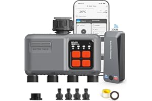 johgee Bewässerungscomputer WLAN 4 Ausgänge mit 300M RF-Technologie, Bewässerungsuhr für Gartenbewässerung Kompatibel mit Alexa & Smart Life App, Automatischem Bewässerungssystem für Garten Rasen