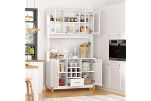 VOWNER Credenza Cucina Alta, Mobile Cucina, Mobile Dispensa con 5 Armadietti, Mobile Buffet, Mobile Cucina Dispensa, Armadio Cucin Dispensa con Portavini, MDF, 120L x 40W x 200H cm (Bianco)