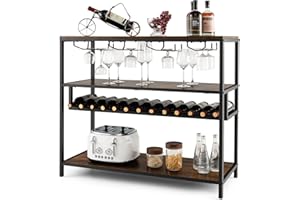 KOMFOTTEU Estantería para Vino de 4 Niveles, Botellero para 13 Botellas y 4 Filas de Soporte de Vasos, Armario de Botellas de Pie de Madera, Expositor de Vinos para Cocina, Bar, Buffet, 102x40x87cm