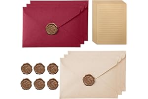 DIPZO Vintage Letter Paper with 6 Envelopes, 10 A5 Writing Paper and 6 Wax Seal, Kraft Paper, Writing Paper Set for Gifts Wedding Birthday Greeting Cards, Dark Red & Off-White