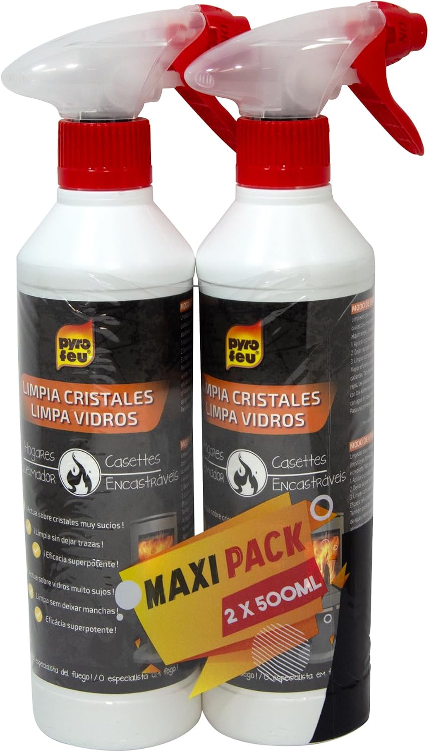 PYRO FEU 24512-12 Pack de 2 Limpiacristales antihollín para cristales de horno y chimeneas 2x500 ml, Blanco y marrón