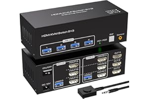VPFET Switch KVM 4K144Hz HDMI 2 PC 3 monitor 8K60Hz 2 computer Triple Monitor Switch con 4 porte USB 3.0 per il collegamento di tastiera mouse e stampante, inclusi 2 cavi USB 3.0 e adattatore DC12V