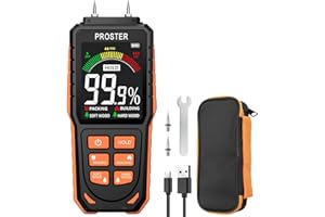 Proster Humidimètre Numérique à Broche Remplaçables Haute Précision 4 Modes(Bois Tendre/Dur,Bâtiment,Emballage),Écran LCD Couleur Testeur Humidité Portable Rechargeable pour Mur,Béton,Matériaux,Bois