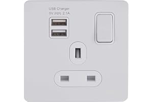 Schneider Electric Ultimate Screwless Flat Plate - Switched Single Power Socket with USB Charging Ports, 2.1A Shared, Double Pole, 13A, GGBGU34102USBAWPW, Painted White with White Insert