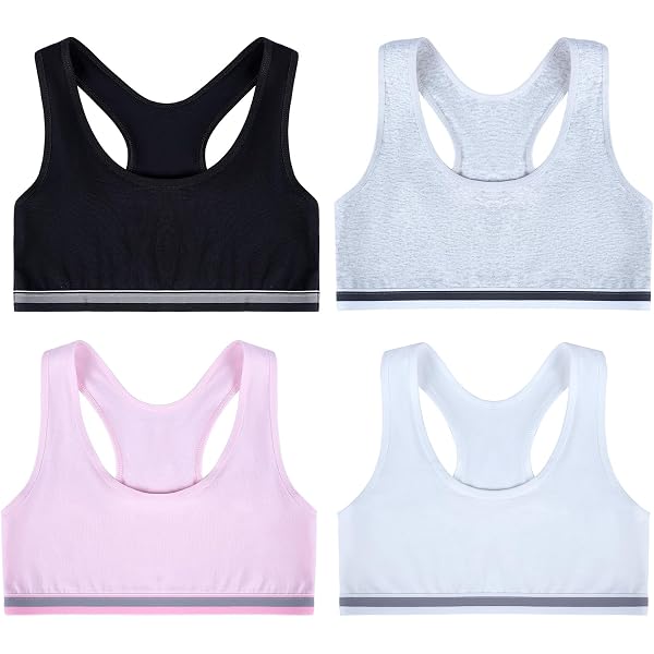 4 Soutiens-gorge De Sport Pour Filles 8-14 Ans - Coton, Sans Armature, Bretelles Larges, Lot 3 Noirs + 1 Blanc