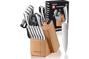 RAXCO Bloc à couteaux, Set de 18 couteaux de cuisine en acier inoxydable - Set de couteaux à steak, Sets de couteaux de cuisine professionnels avec bloc et aiguiseur (Oak)
