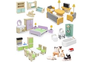 AOPIER 33Pcs Wooden Dollhouse Furniture Set, Pretend Play Doll House Miniature Accessories with 5 Room Kit Including Kitchen Living Room Children's Room Bedroom and Bathroom Playhouse Toy for Kids Boys Girls