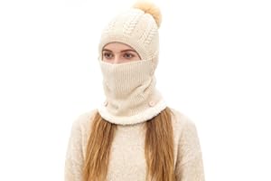 TAGVO Hiver Chaud Tricoté Bonnet Et Ensembles De Cache-Cou,Bonnet Tricoté Flexible Avec Boule De Poils,Doublé En Molleton Épais Doux,Masque Facial Réglable Pour Les Femmes Pour Les Sports De Plein Air