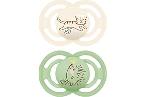 MAM Perfect smoczek, dla zdrowego rozwoju zębów i szczęki, dla niemowląt, wykonany z ekologicznych i odnawialnych materiałów, z pudełkiem na smoczek, 6-16 miesięcy, tygrys/jeż, 2 szt