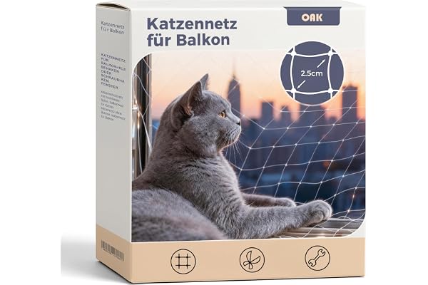 OAK Kattskyddsnät för balkong och fönster, 6 x 3 m höghållfast nylonnät utan borrning, 6 x 3 m