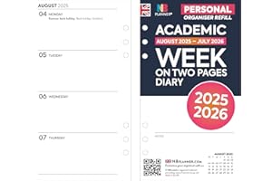 NBPLANNER Ricarica per agenda accademica 2025-2026, settimana su due pagine, bianca, da agosto 2025 a luglio 2026, compatibile con Filofax, dimensioni personali, 95 x 171 mm