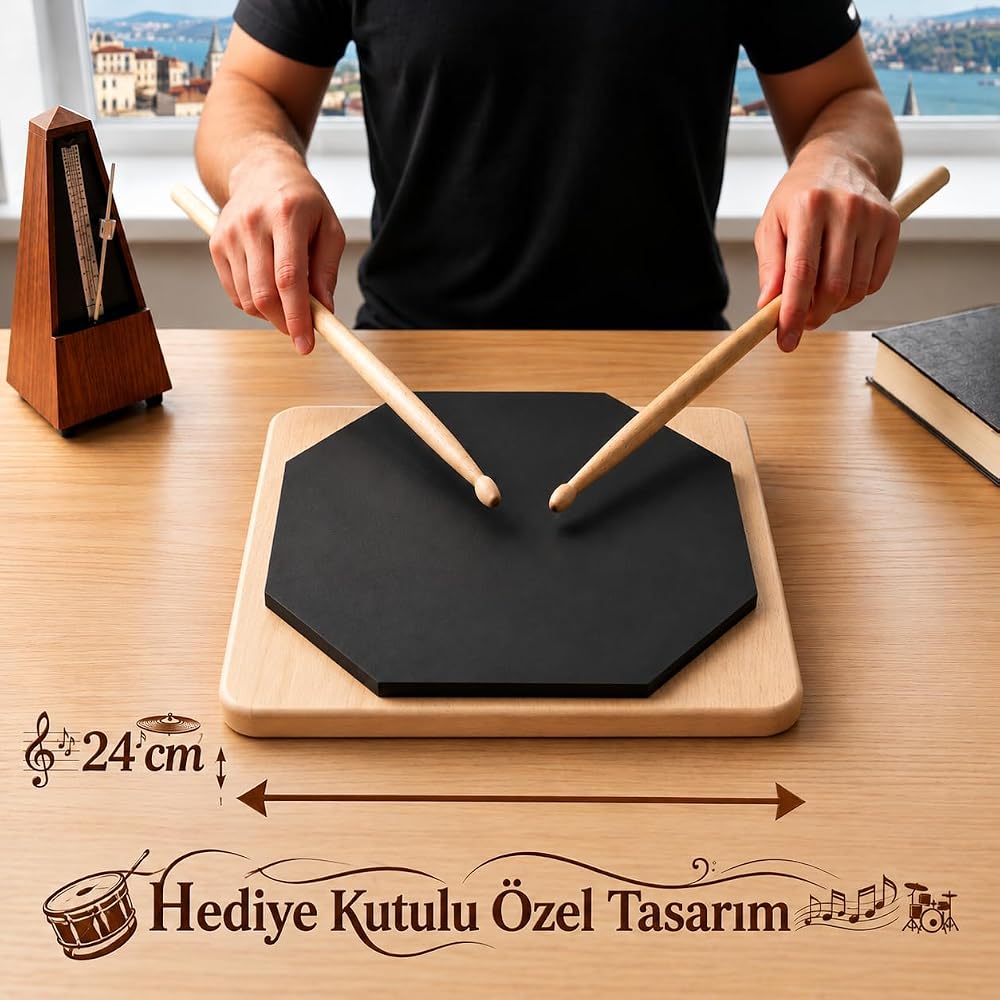 Kutulu Bateri Çalışma Antrenman Pedi - 24 cm Ahşap Tabanlı Sekizgen Bateri Çalışma Pedi, Sessiz Siyah Kauçuk Baget Pratik Pedi