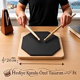 Kutulu Bateri &Ccedil;alışma Antrenman Pedi - 24 cm Ahşap Tabanlı Sekizgen Bateri &Ccedil;alışma Pedi, Sessiz Siyah Kau&ccedil;uk Baget Pratik Ped