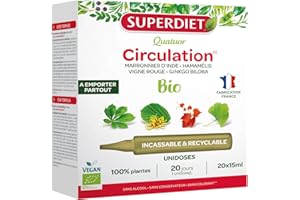 SUPERDIET-QUATUOR CIRCULATION BIO-Jambes légères-Marronnier d’inde,Hamamélis,Vigne rouge,Ginkgo biloba-Format nomade-20 Unidoses de 15 ml