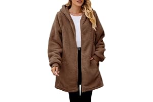 TDEOK Fleecejacka dam med huva vintage vinterrock lång varm fodrad teddy-fleece övergångsjacka lång varm fodrad fluffig jacka
